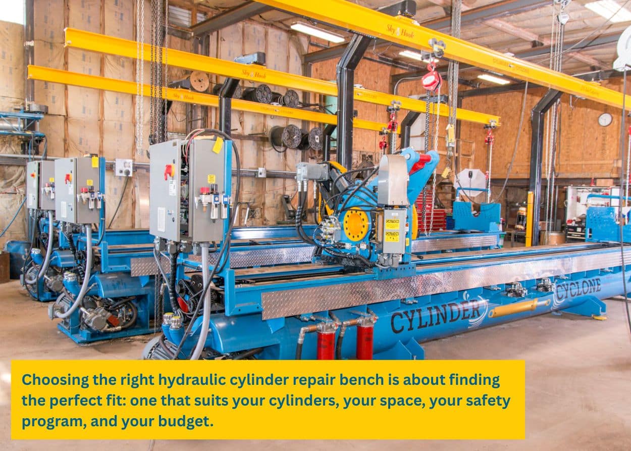 Row of blue “Cylinder Cyclone” repair benches with overhead yellow hoists in a workshop, showing multiple workstations ready for cylinder maintenance. Caption: Choosing the right hydraulic cylinder repair bench is about finding the perfect fit: one that suits your cylinders, your space, your safety program, and your budget