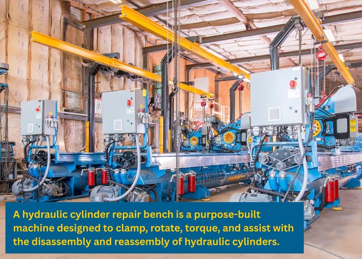 Industrial hydraulic cylinder repair benches lined up inside a manufacturing facility, designed for disassembly, repair, and reassembly of hydraulic cylinders. Caption: A hydraulic cylinder repair bench is a purpose-built machine designed to clamp, rotate, torque, and assist with the disassembly and reassembly of hydraulic cylinders.
