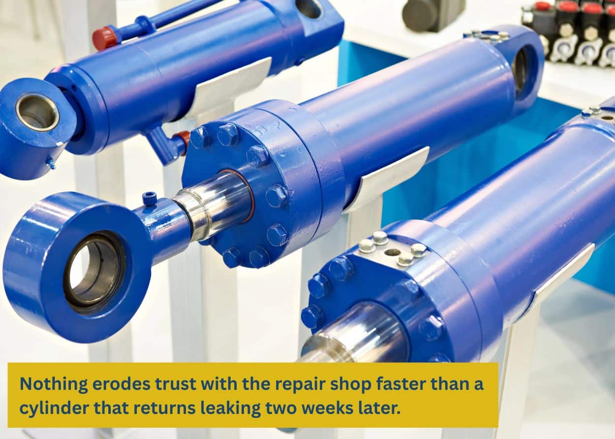 Blue hydraulic cylinders for excavators showing rod and gland areas where leaks commonly develop before repair.