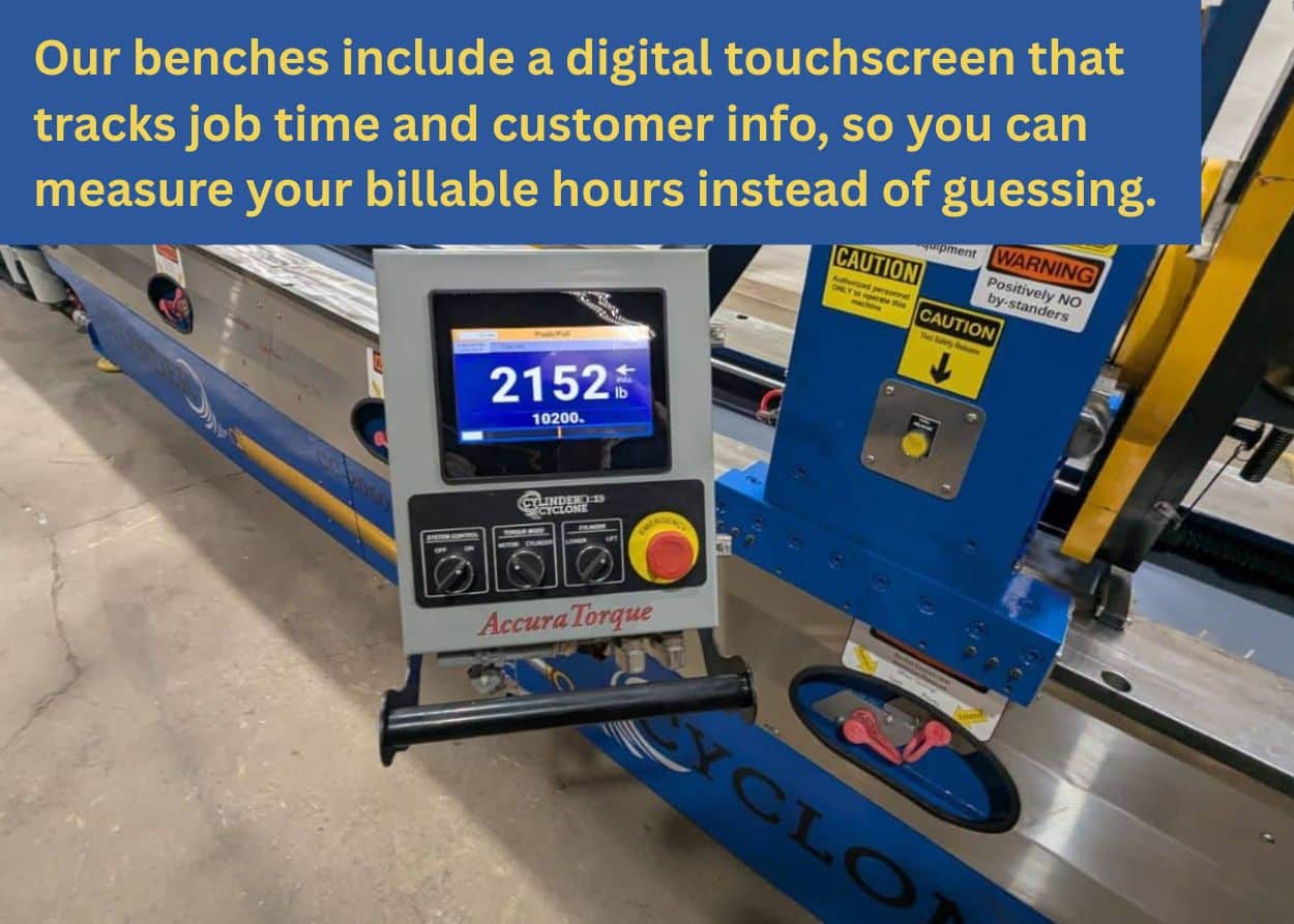 Digital touchscreen on a hydraulic cylinder repair bench tracking repair time and job information.